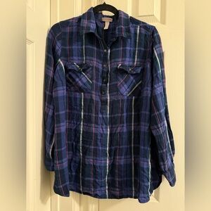 Ingrid & Isabel Maternity L Blue Plaid Half Button-Up Shirt Tunic